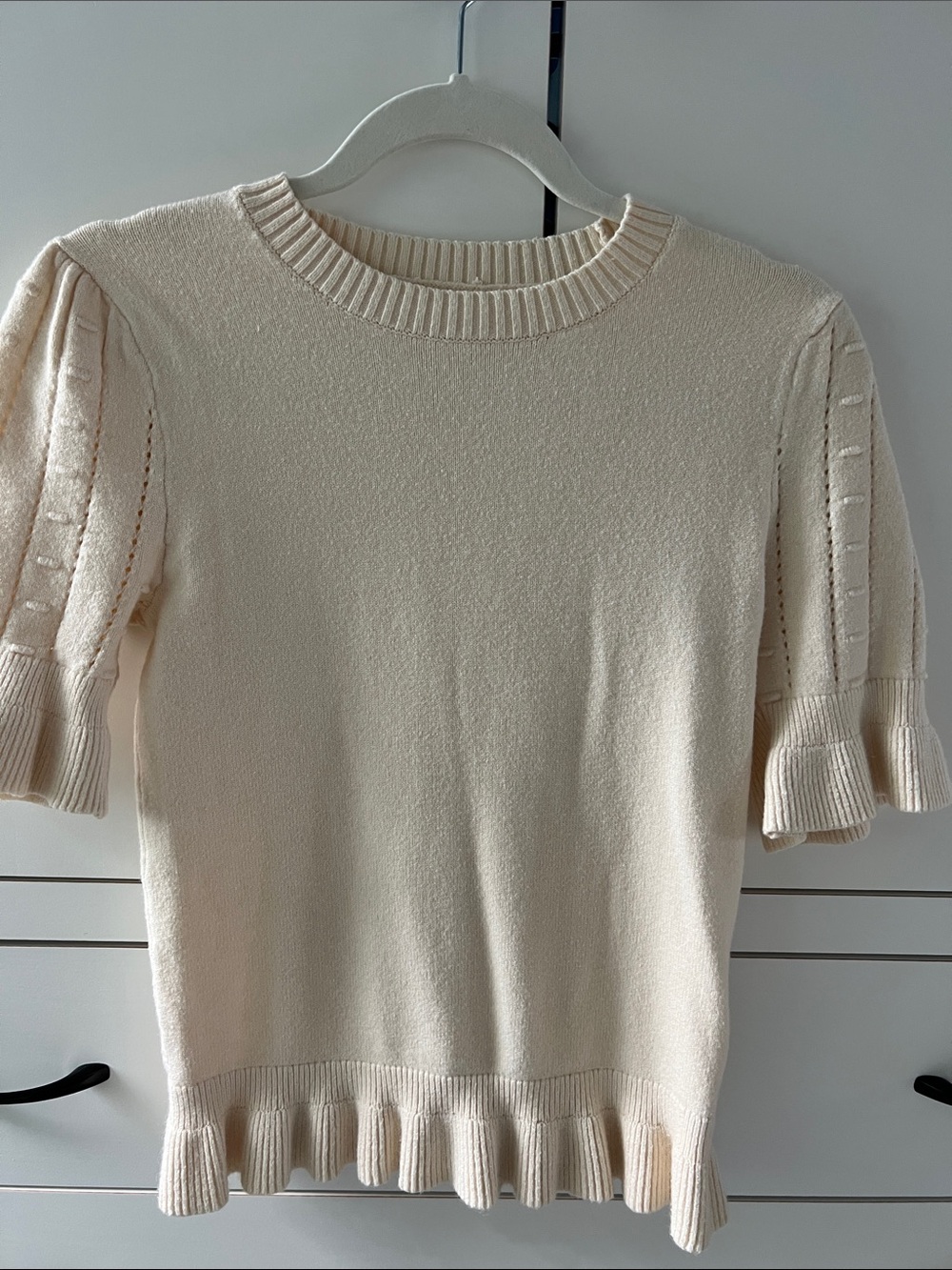 Cream Knit Ruffle Hem Short Sleeve Sweater